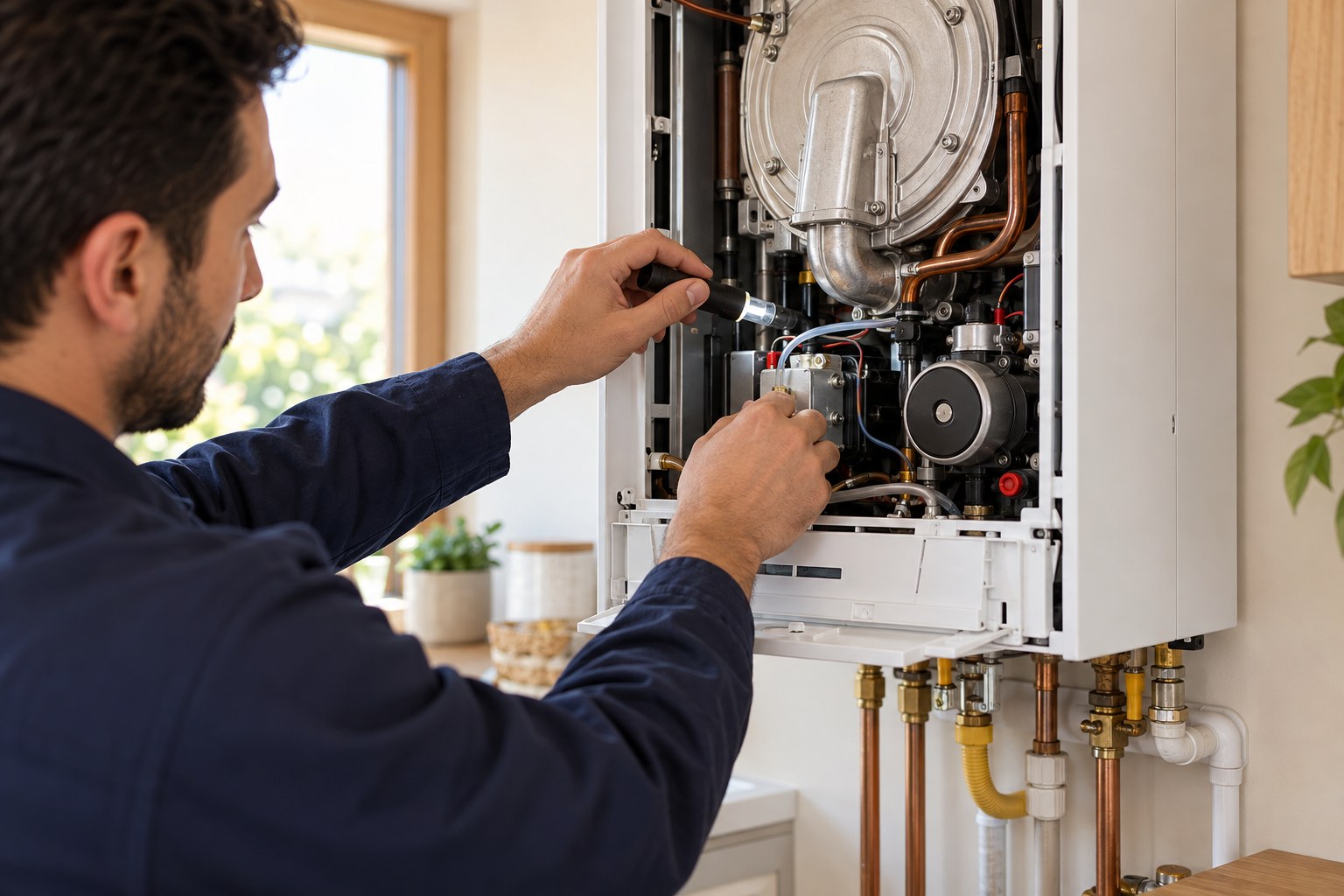 Kombi iç aksamında bakım ve kontrol yapan servis teknisyeni